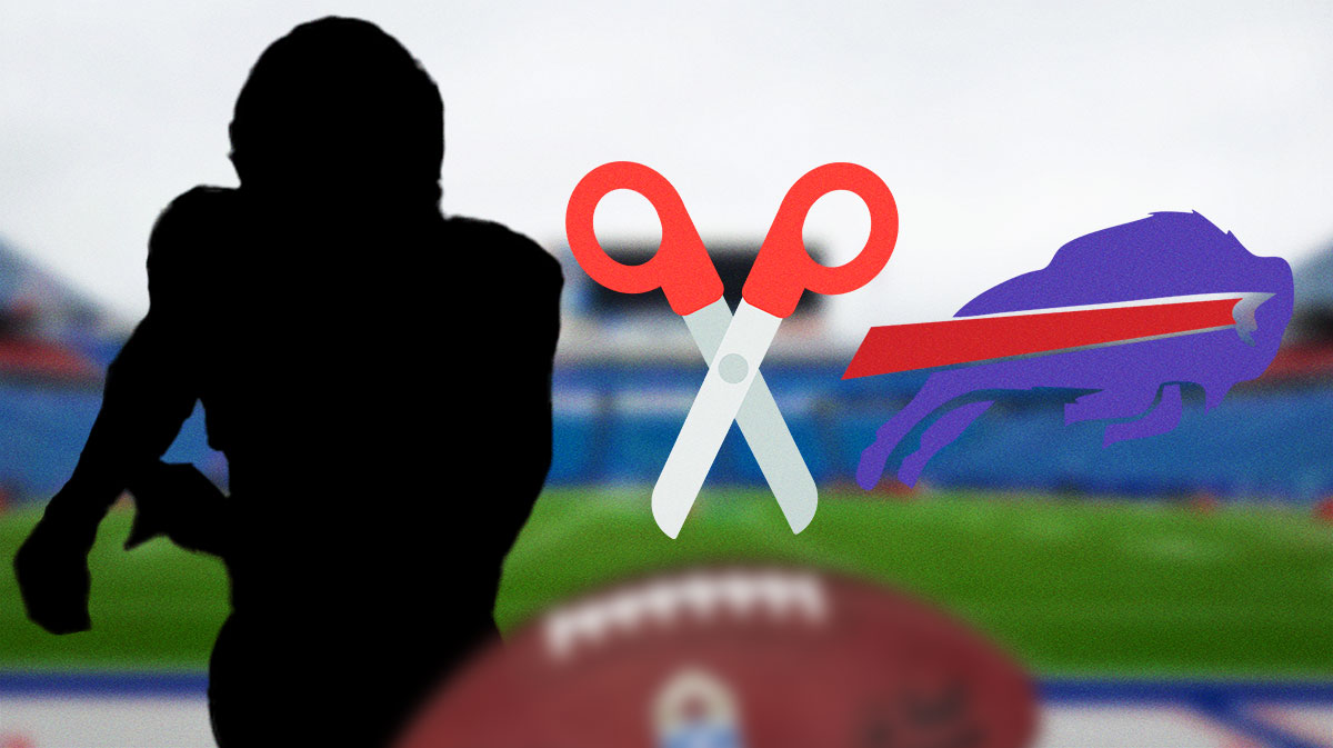 Silhouette of Von Miller (in action) next to a scissors emoji with a Bills background