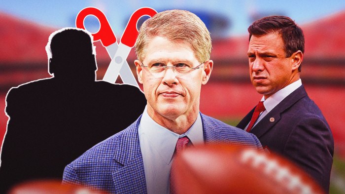 Chiefs owner Clark Hunt and general manager Brett Veach with Chiefs logo in background. SILHOUETTE of Chiefs OL Trey Smith. ✂ emoji in background. Background is GEHA Field at Arrowhead Stadium