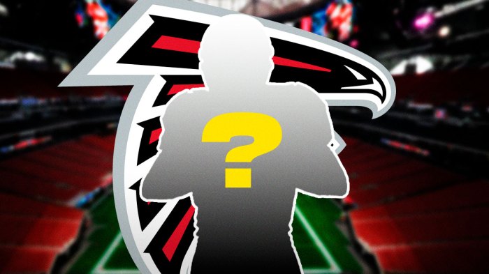 A silhouette of an American football player with a big question mark emoji inside. There is also a logo for the Atlanta Falcons.