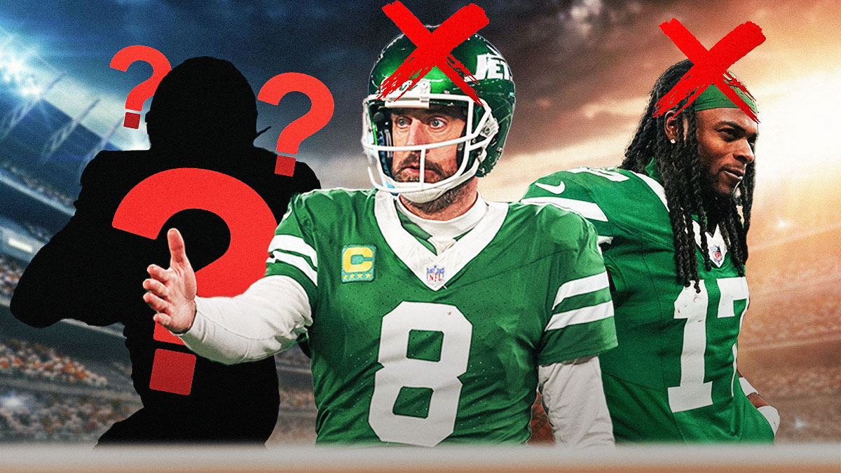 Aaron Rodgers with a New York Jets uniform wit a red X through him, Davante Adams in a Jets uniform with an X through him and the silhouette of C.J. Mosley with question marks around him as mosley is the jets surprise cut as the team enters free agency and needs room for free agent signings.
