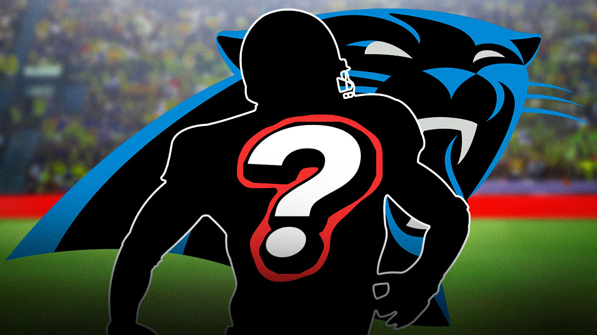 A silhouette of an American football player with a big question mark emoji inside. There is also a logo for the Carolina Panthers.