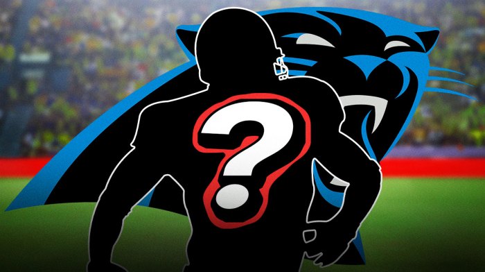 A silhouette of an American football player with a big question mark emoji inside. There is also a logo for the Carolina Panthers.