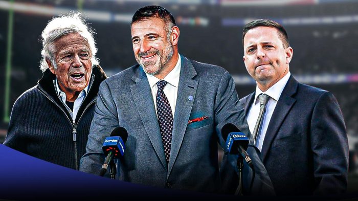 Patriots Robert Kraft, Patriots Eliot Wolf and Patriots Mike Vrabel in 2025 NFL offseason