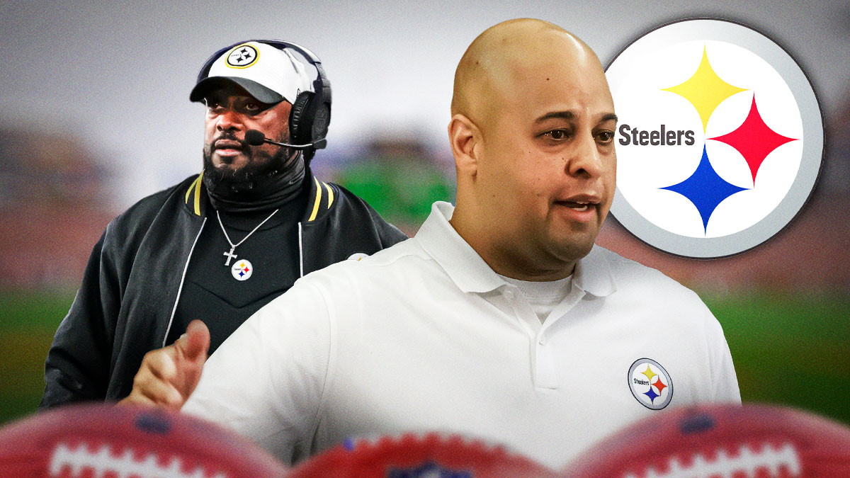 Steelers Omar Khan and Mike Tomlin with Pittsburgh Steelers logo in background in 2025 NFL offseason