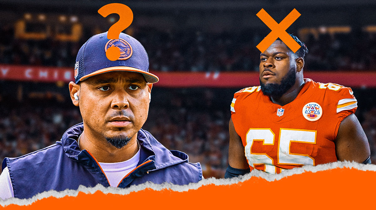 Chicago Bears general manager Ryan Poles next to Kansas City Chiefs guard Trey Smith