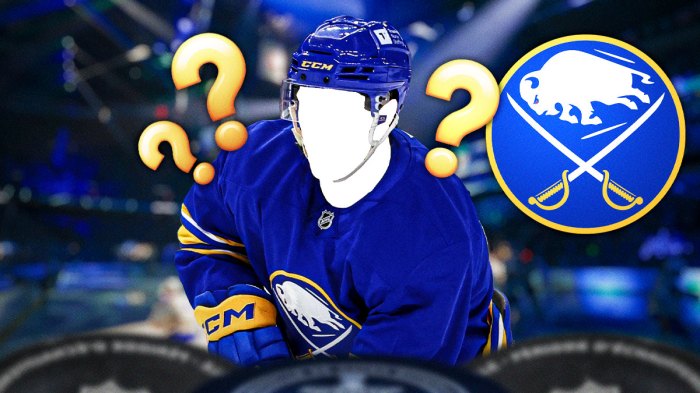One silhouetted player in a Buffalo Sabres jersey (No C or A please), Buffalo Sabres logo, 3-5 question marks, hockey rink in background