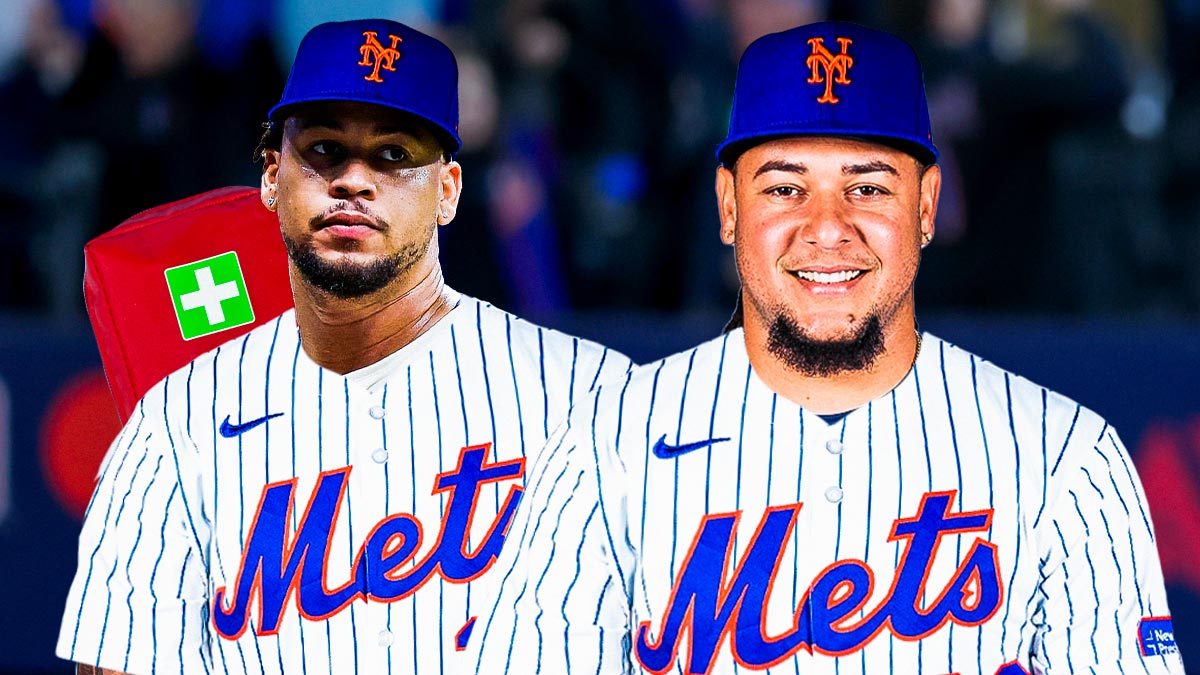 Mets Frankie Montas with a med kit and band-aid looking at Luis Castillo in a Mets uniform.