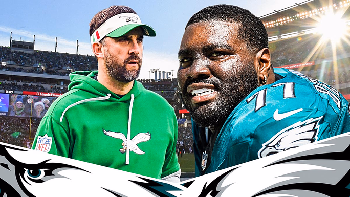 Nick Sirianni next to Mekhi Becton in front of the Eagles stadium