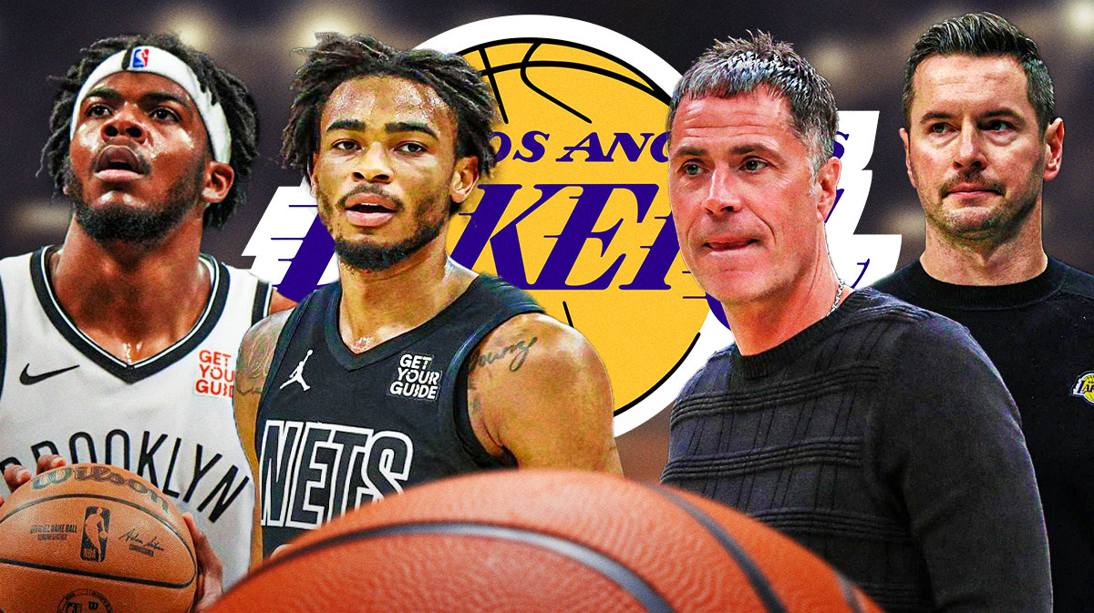 Rob Pelinka and JJ Redick on one side with Nic Claxton and Day'Ron Sharpe on the other and a Lakers logo in the middle