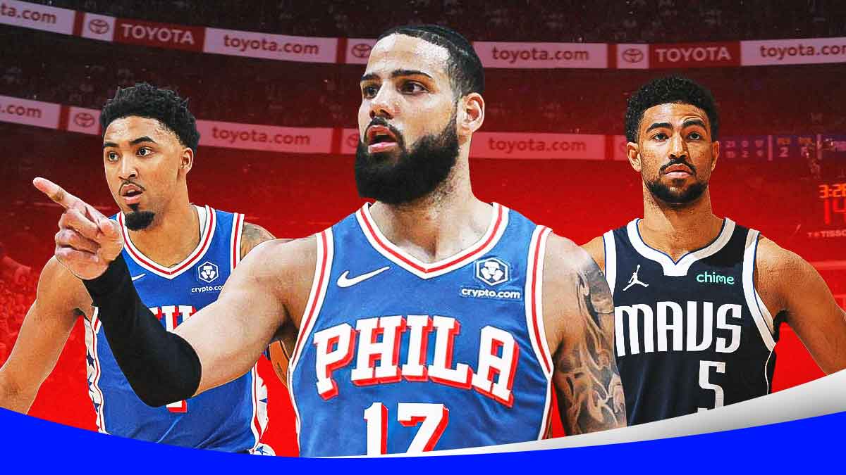 KJ Martin, Caleb Martin, and Quentin Grimes in front of the 76ers logo.