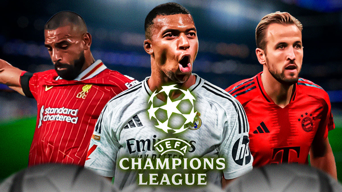 2025 UEFA Champions League logo surrounded by Kylian Mbappé (Real Madrid), Harry Kane (Bayern Munich), Mo Salah (Liverpool)