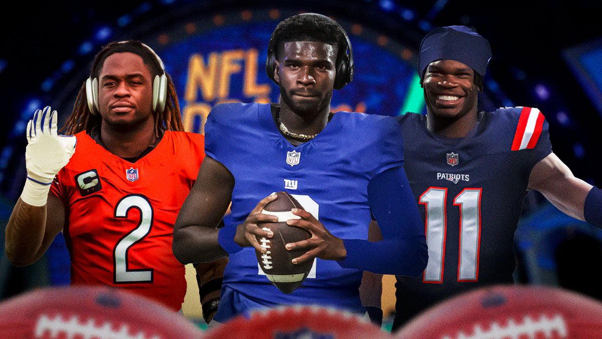 2025 NFL mock draft 2.0 with Shedeur Sanders in a Giants jersey, Travis Hunter in a Patriots jersey, and Ashton Jeanty in a Bears jersey with an NFL draft background