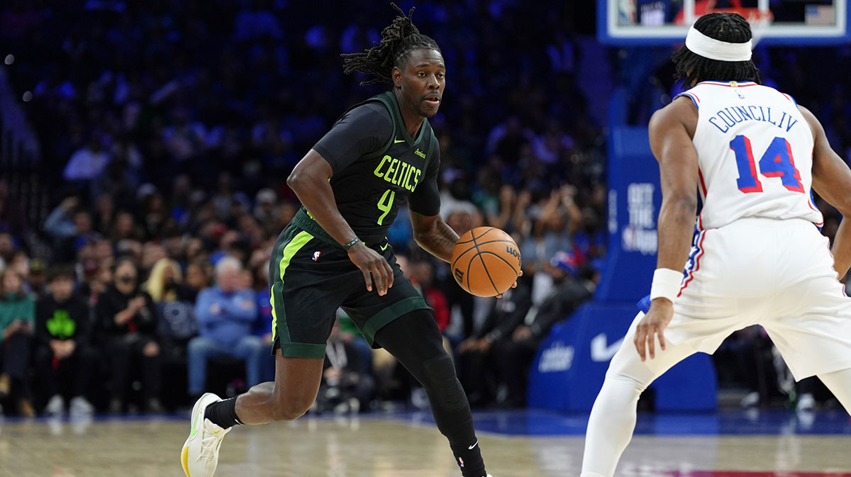 Boston Celtics Guard Jue Holiday (4) Vehicles with a ball against Philadelphia 76ers in the first quarter in Wells Fargo Center.