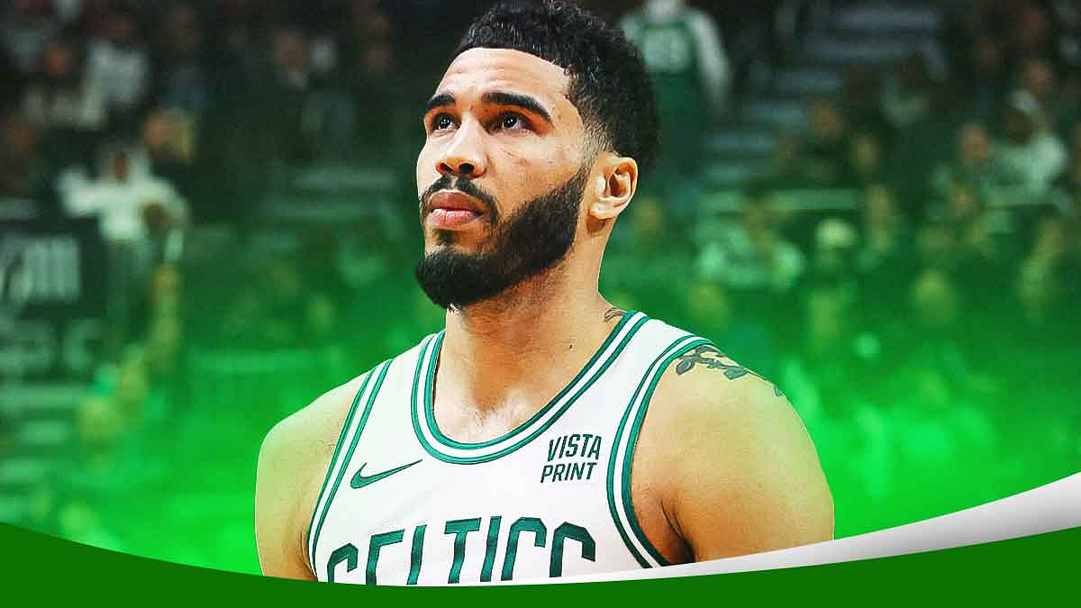 Jayson Tatum looking serious/locked in on a TD Garden background