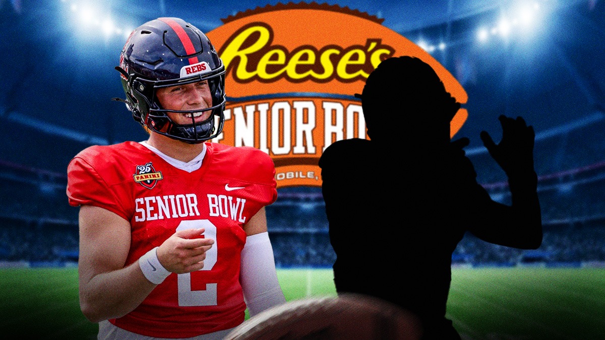 Jaxon Dart next to the blacked-out silhouette of Jackson Hawes in front of the Reese's Senior Bowl logo