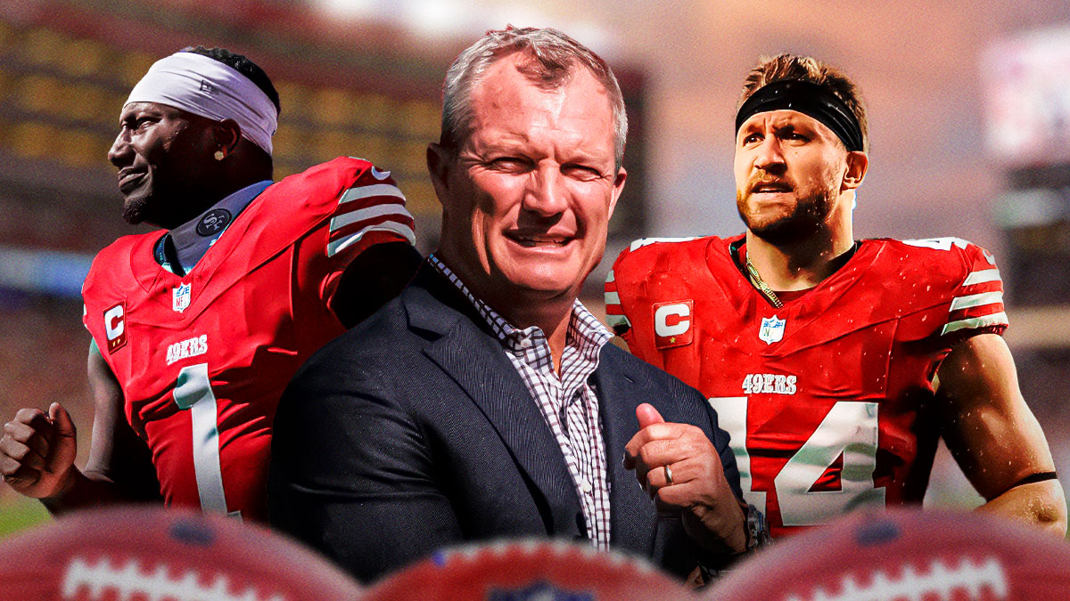 49ers John Lynch (front, center) with 49ers cut candidates Deebo Samuel and 49ers Kyle Juszczyk in 2025 NFL offseason
