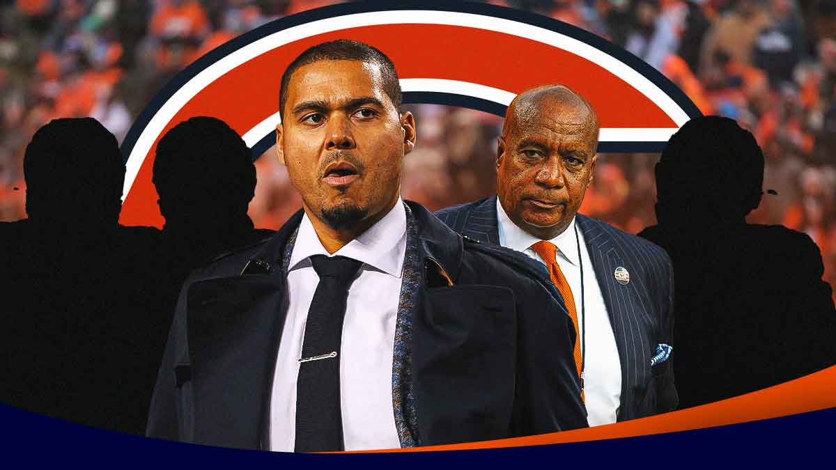 Bears GM Ryan Poles and president Kevin Warren with Bears logo in background. SILHOUETTES of 1.) Bears EDGE DeMarcus Walker; 2.) Bears TE Gerald Everett; 3.) Bears K Cairo Santos. Background Soldier Field.
