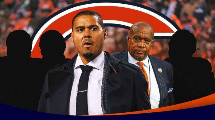 Bears GM Ryan Poles and president Kevin Warren with Bears logo in background. SILHOUETTES of 1.) Bears EDGE DeMarcus Walker; 2.) Bears TE Gerald Everett; 3.) Bears K Cairo Santos. Background Soldier Field.