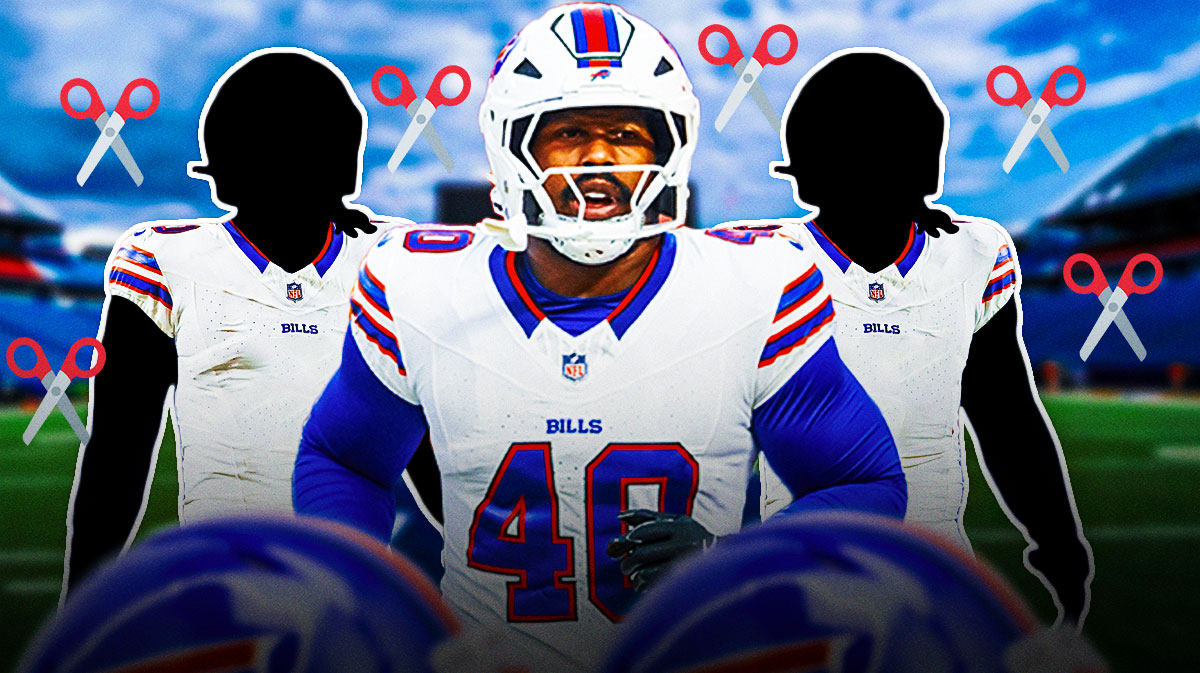 Von Miller in the middle in a Buffalo Bills uniform, ✂️ in the background