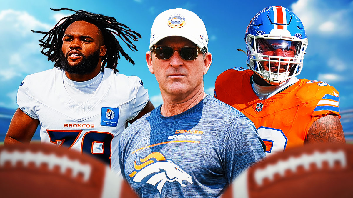 Broncos George Paton (front, center) with Broncos cut candidates Jaleel McLaughlin (left) and Broncos John Franklin-Myers (right) in 2025 NFL offseason