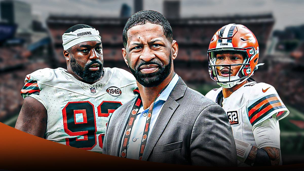 Browns Andrew Berry (front, center) with cut candidates Browns Shelby Harris (left) and Browns Dorian Thompson-Robinson (right) in 2025 NFL offseason
