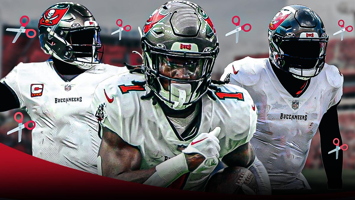 Rachaad White in the middle in a Tampa Bay Buccaneers uniform, ✂️ in the background