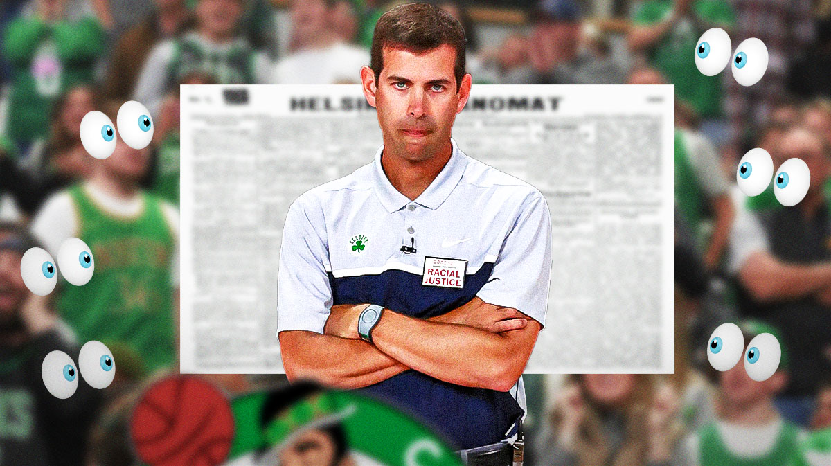 A newspaper as the background, Brad Stevens and the Boston Celtics logo on one side, a bunch of Boston Celtics fans with the big eyes emoji over their faces on the other side