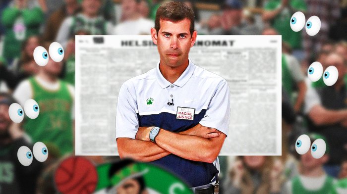 A newspaper as the background, Brad Stevens and the Boston Celtics logo on one side, a bunch of Boston Celtics fans with the big eyes emoji over their faces on the other side