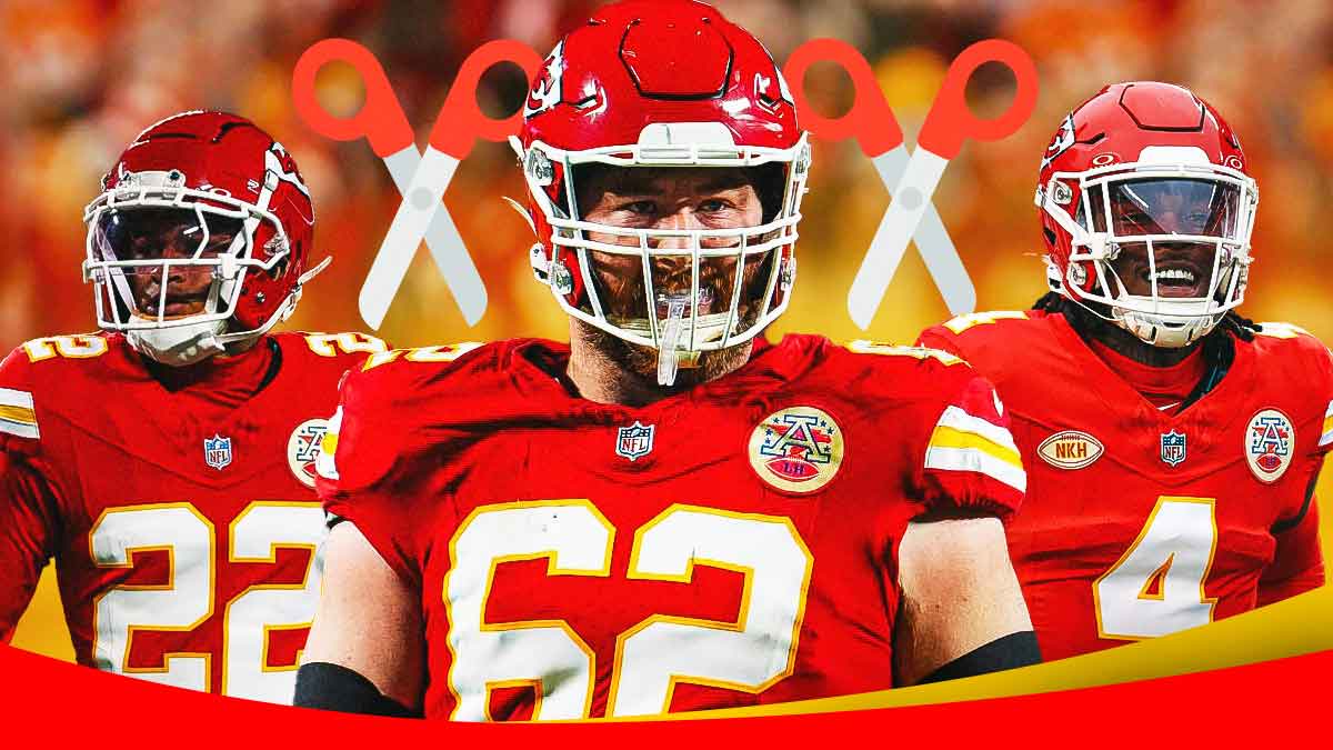 Joe Thuney in the middle in a Kansas City Chiefs uniform, ✂️ in the background