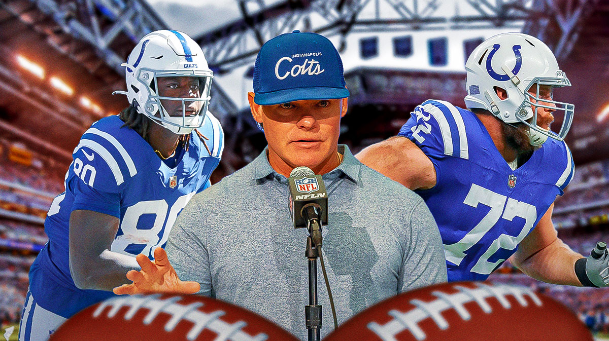 Colts Chris Ballard (front, center) with Colts Braden Smith and Colts Jelani Woods in 2025 NFL offseason