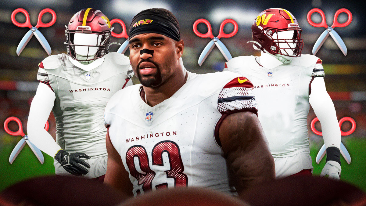 Jonathan Allen in the middle in a Washington Commanders uniform, ✂️ in the background