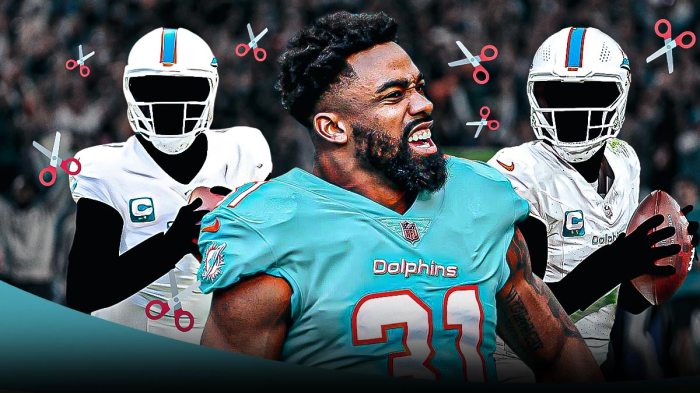 Raheem Mostert in the middle in a Miami Dolphins uniform, ✂️ in the background