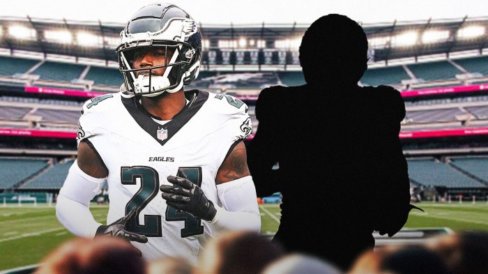 James bradberry next to the blacked-out silhouette of Bryce Huff in front of the Eagles stadium.