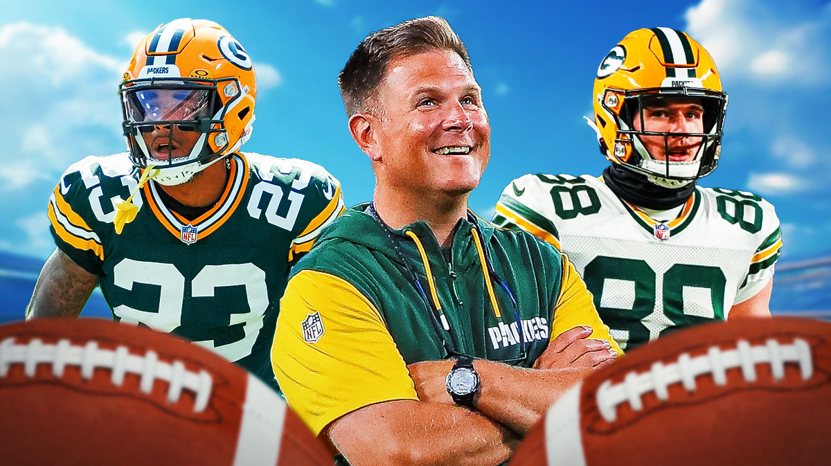 Packers Brian Gutekunst (front, center) with Packers cut candidates Jaire Alexander (left) and Packers Luke Musgrave (right) in 2025 NFL offseason