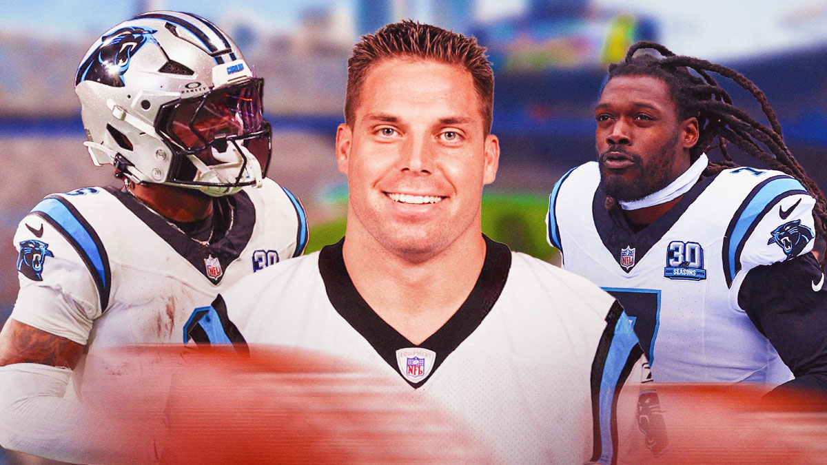 Panthers Dan Morgan (front, center) with Panthers cut candidates Miles Sanders (left) and Panthers JaDeveon Clowney (right) in 2025 NFL offseason