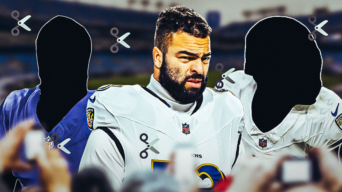 Kyle Van Noy in the middle in a Baltimore Ravens uniform, ✂️ in the background