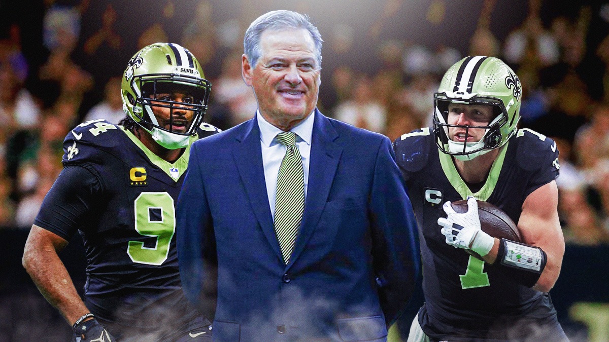 Saints Mickey Loomis (front, center) with Saints Cameron Jordan (left) and Saints Taysom Hill (right) in 2025 NFL offseason
