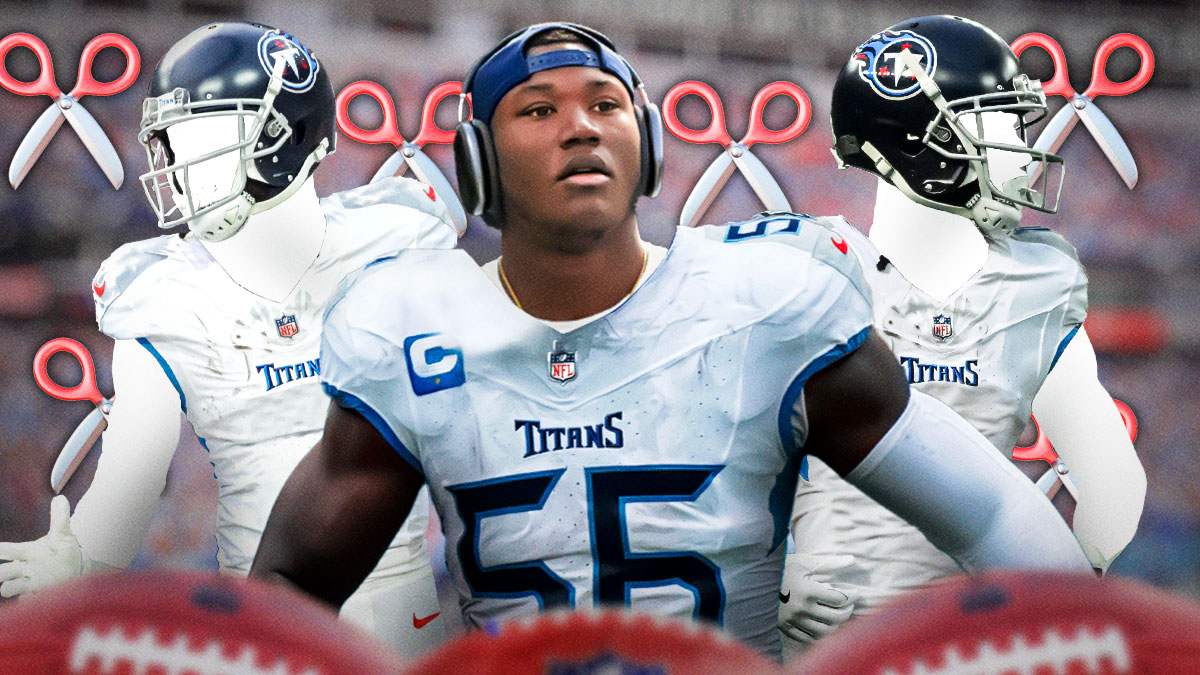 Kenneth Murray Jr in the middle in a Tennessee Titans uniform, ✂️ in the background