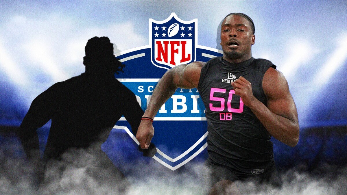 Malaki Starks next to the blacked-out silhouette of Princely Umanmielen in front of the NFL Combine logo.