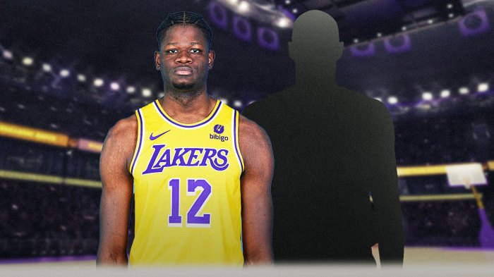 Mo Bamba in a Los Angeles Lakers jersey on one side, a silhouette of a basketball player on the other side