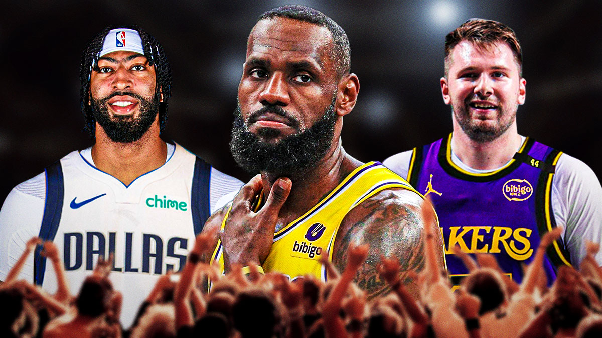 In the background is Luka Doncic (Lakers jersey) and Anthony Davis (Mavericks jersey). Front and center drawing most of the attention is LeBron James. Question marks all around the graphic. Trade