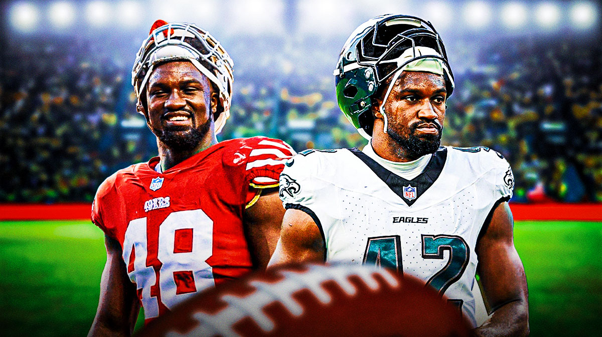 Oren Burks in his Eagles uniform next to Oren Burks in his 49ers uniform