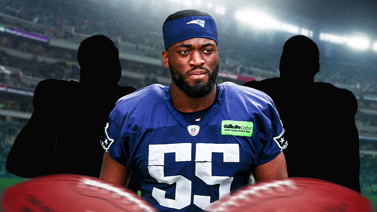 Patriots Josh Uche next to the blacked-out silhouette of Calais Campbell and the blacked-out silhouette of Evan Neal in front of the Eagles stadium.