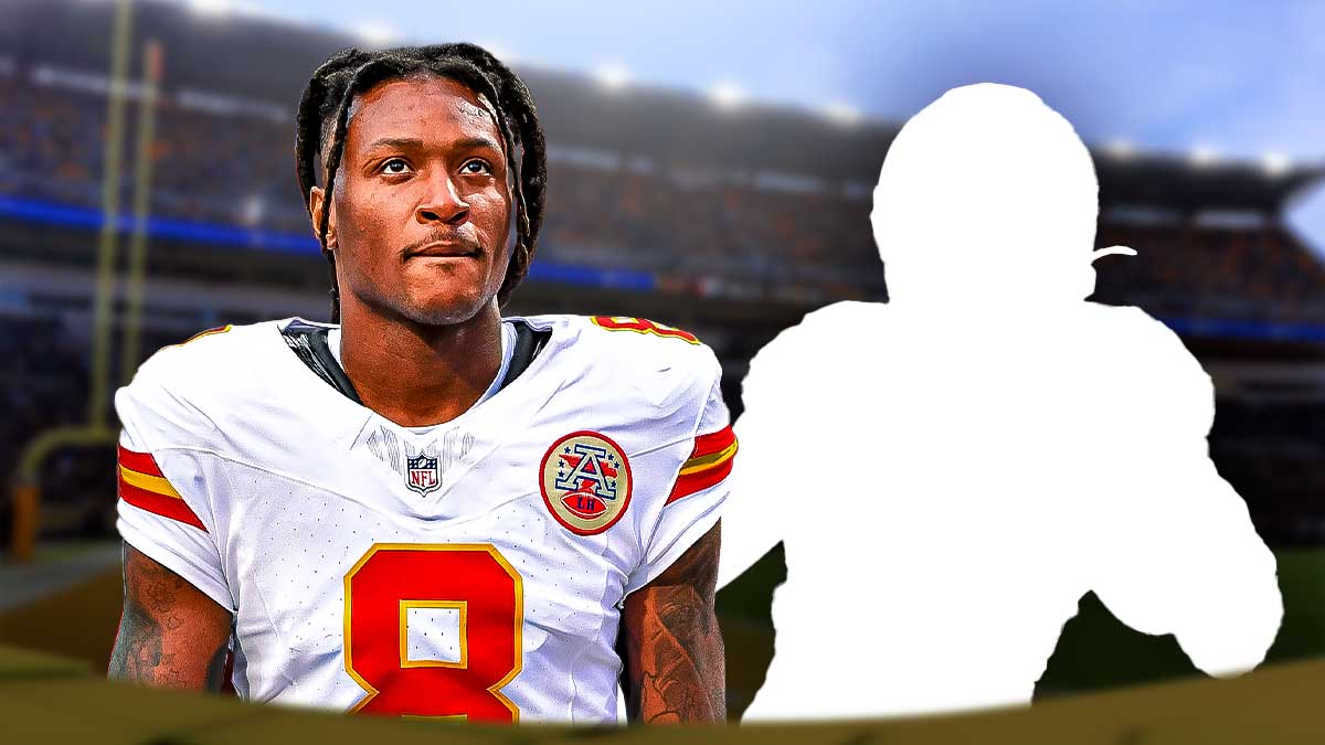 DeAndre Hopkins next to the blacked-out silhouette of JK Dobbins in front of the Steelers stadium.