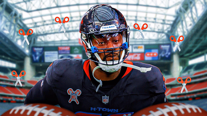 Denico Autry in the middle in a Houston Texans uniform, ✂️ in the background
