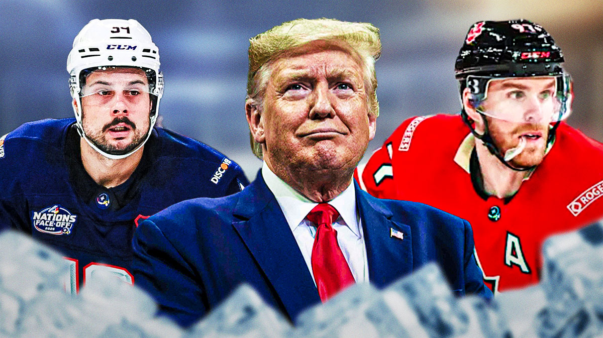 Connor McDavid with Team Canada on right. Auston Matthews with Team USA on left. Donald Trump in middle