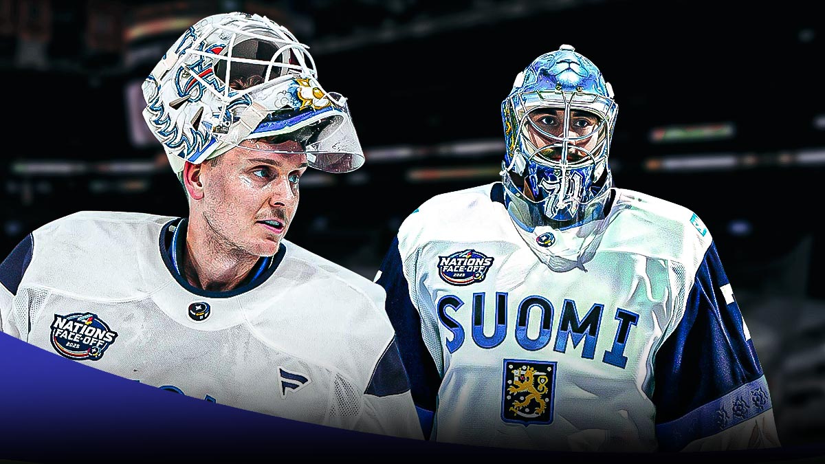 Finland goaltender Kevin Lankinen on the left, Juuse Saros on the right, inside TD Garden