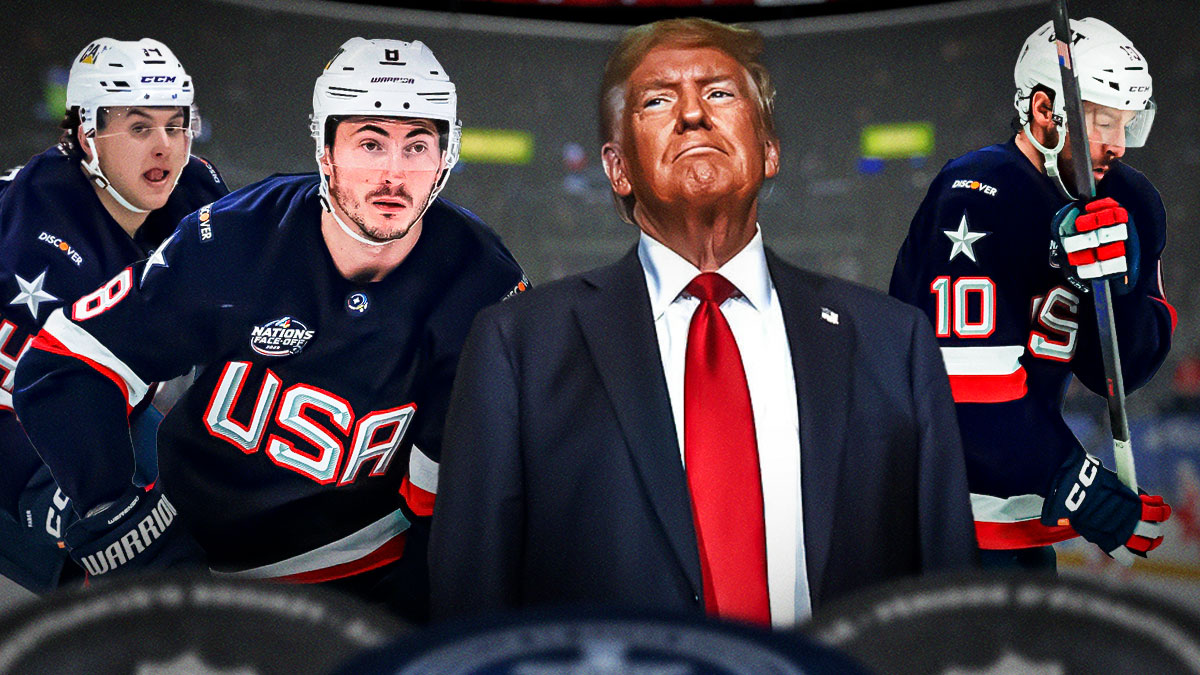 JT Miller, Brock Faber, and Zach Werenski all with Team USA on sides. Donald Trump in the middle