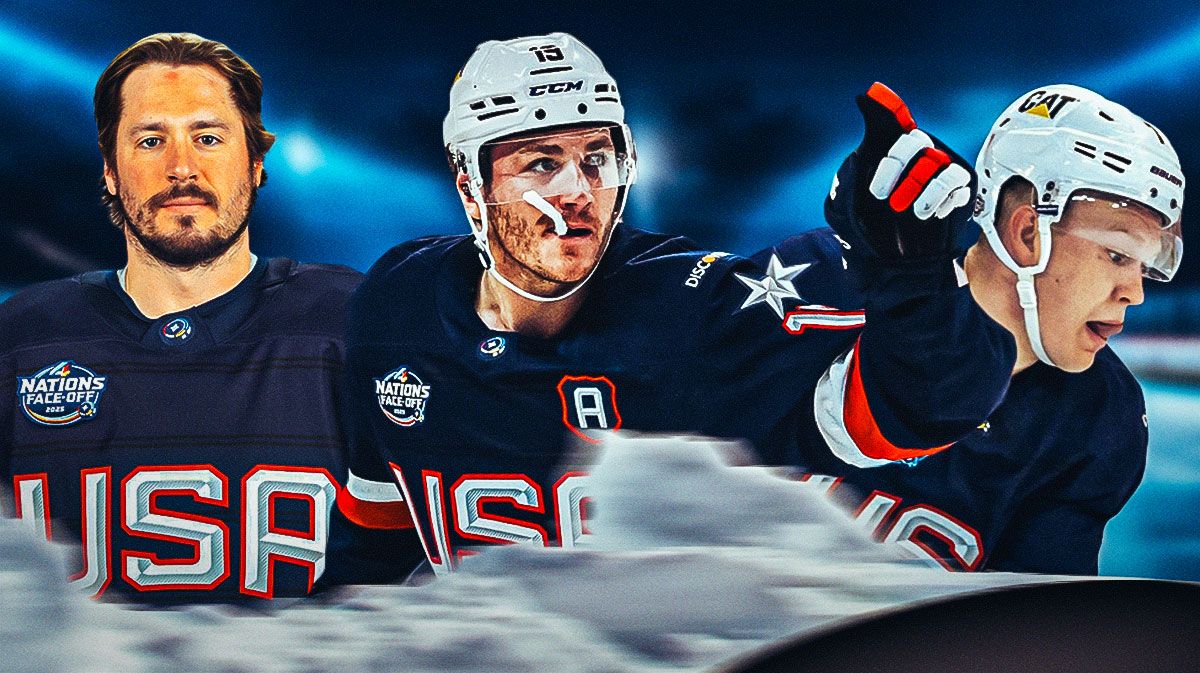 Brady Tkachuk, Matthew Tkachuk, JT Miller all in team USA hockey uniforms