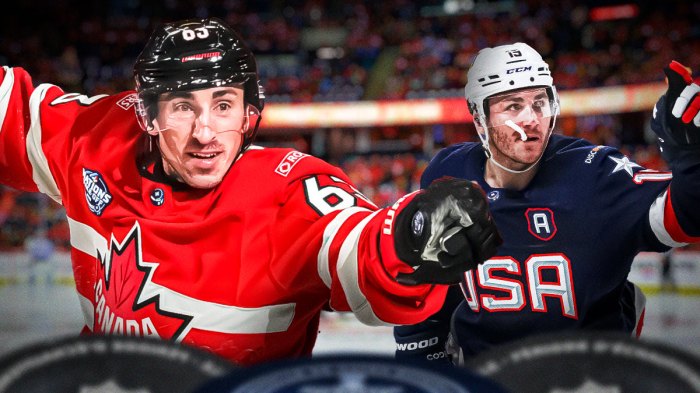 Brad Marchand with Team Canada. Matthew Tkachuk with Team USA